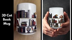 3D Embossed Book Mugs for Readers – 15oz Library Shelf Cup, Cat Lovers Gift